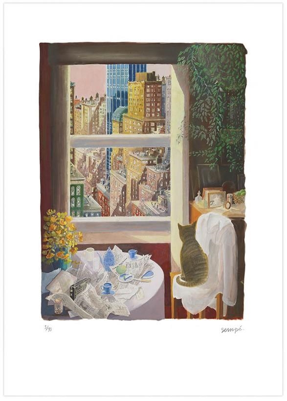 SÉRIGRAPHIE « LE CHAT DEVANT NEW YORK » PAR SEMPÉ ENCADRÉ - 105 X 74 CM | SEMPE 02 | SEMPE